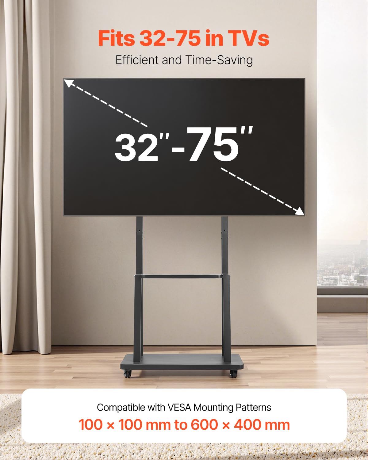 Rolling TV Stand for 32-75 Inch Screens, Height Adjustable with Tray A21895