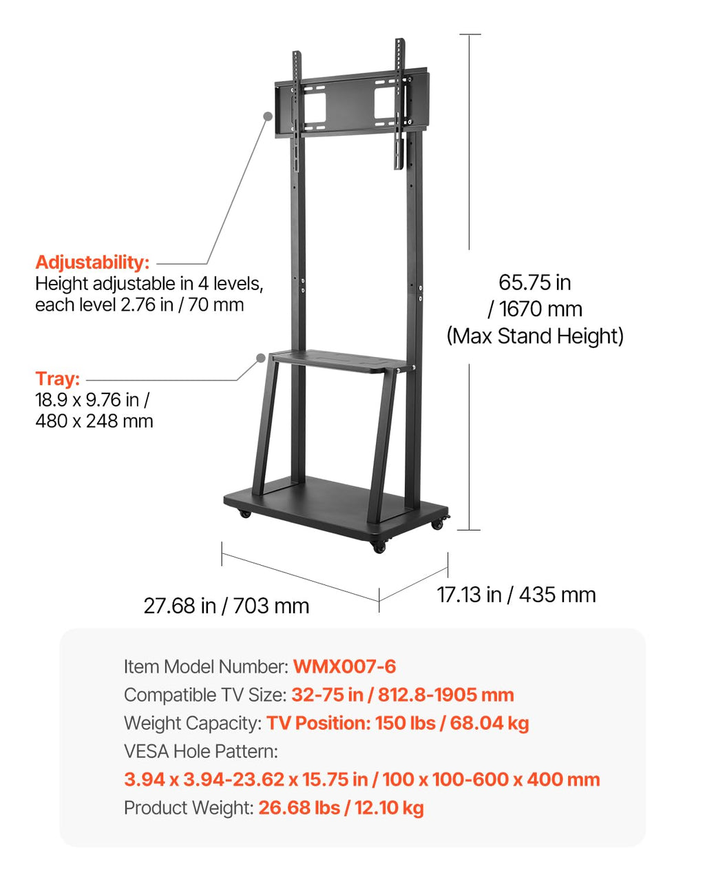 Rolling TV Stand for 32-75 Inch Screens, Height Adjustable with Tray A21895