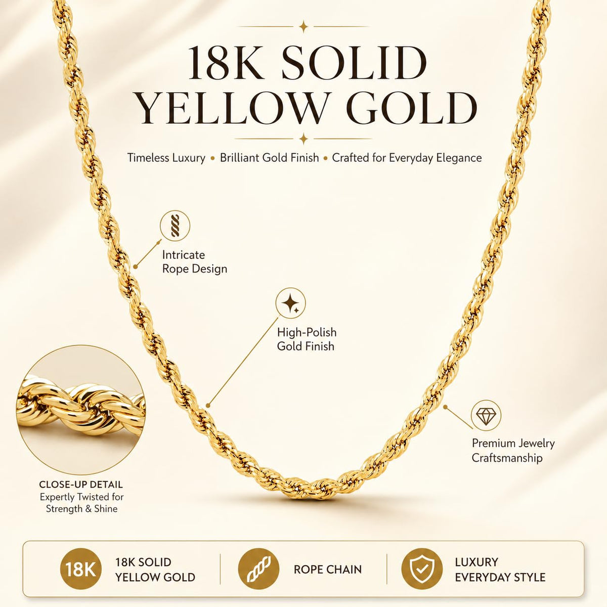 18K Solid Yellow Gold Rope Chain Necklace B261647
