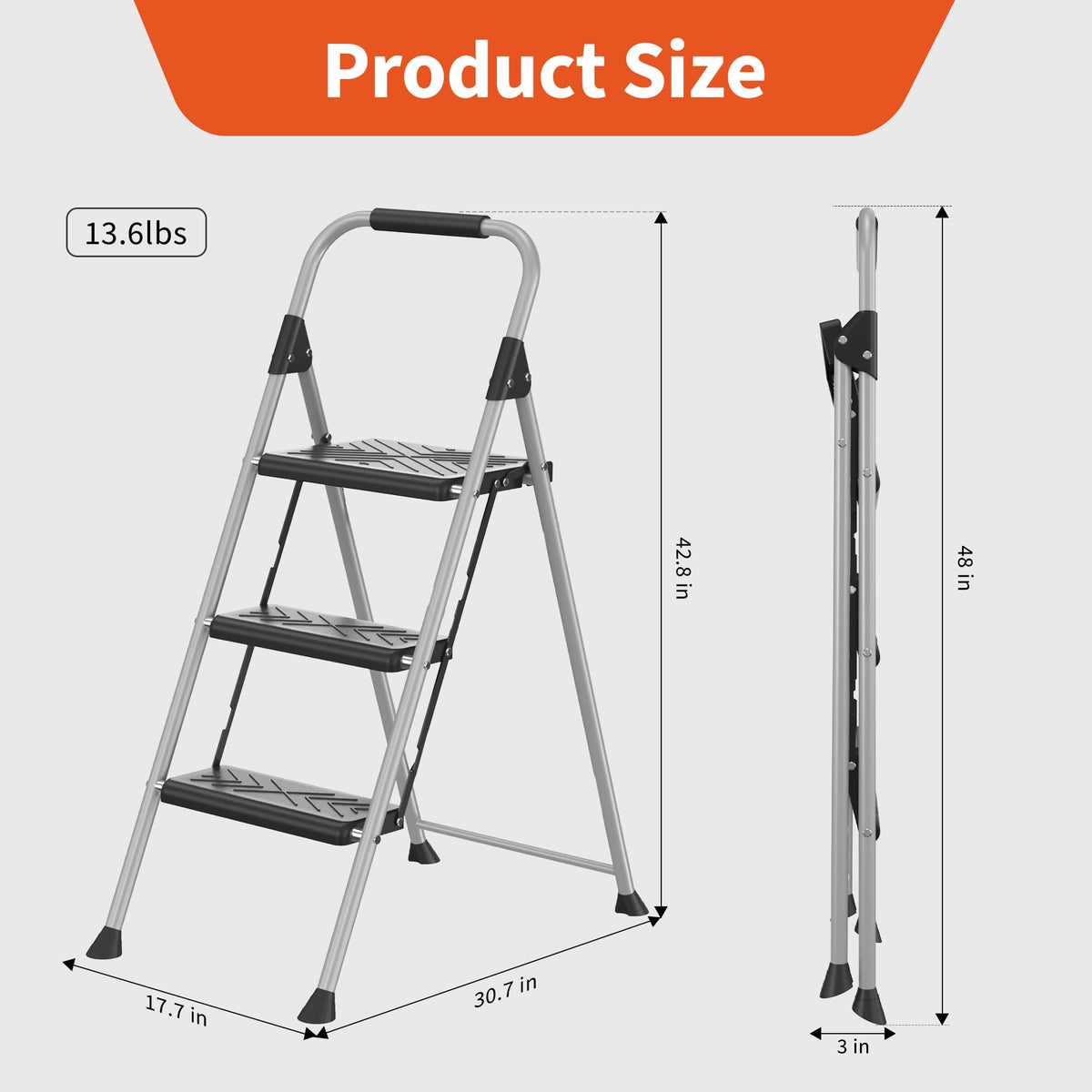 3-Step Folding Step Stool with Anti-Slip Wide Pedal M920
