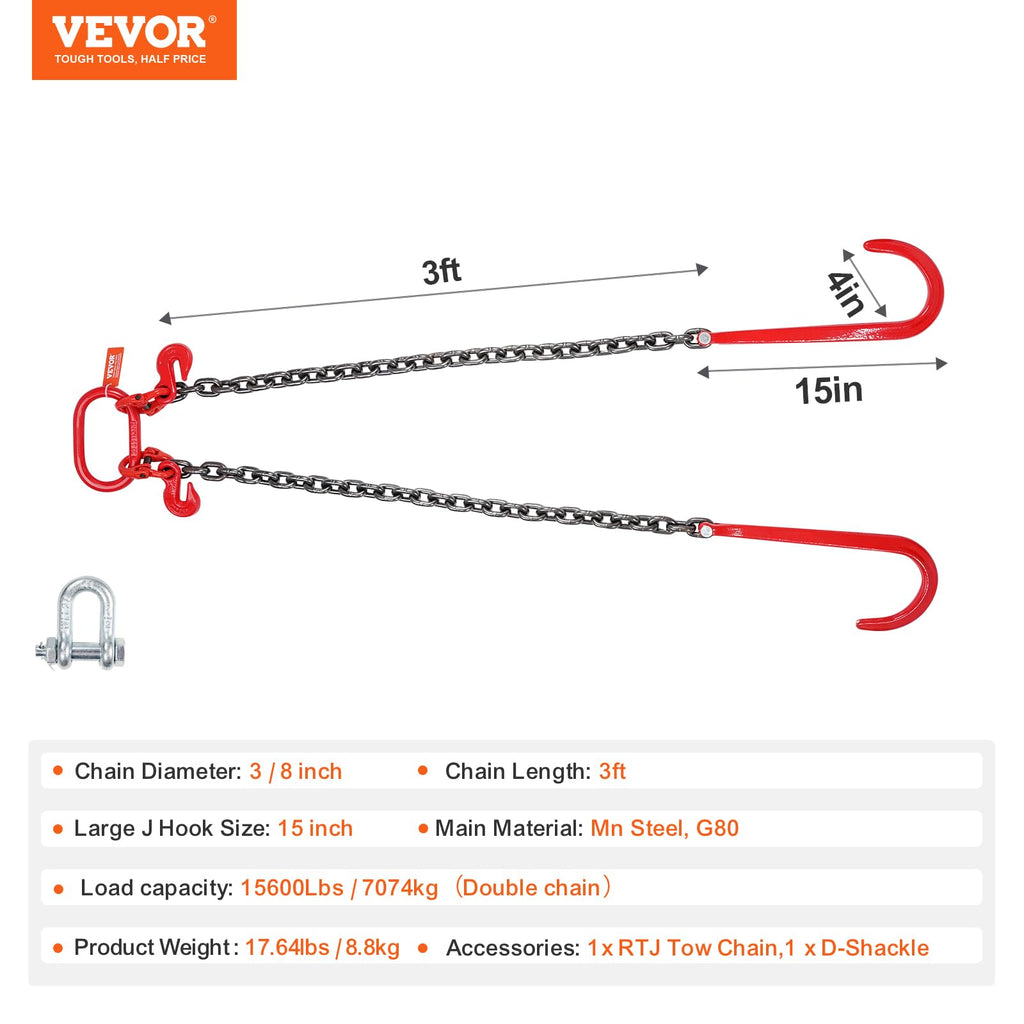 3/8" x 3' G80 V Bridle Towing Chain with J Hooks and Grab Hooks E993