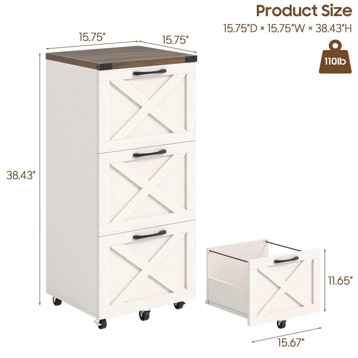 3 Drawer White File Cabinet with Wheels L71623