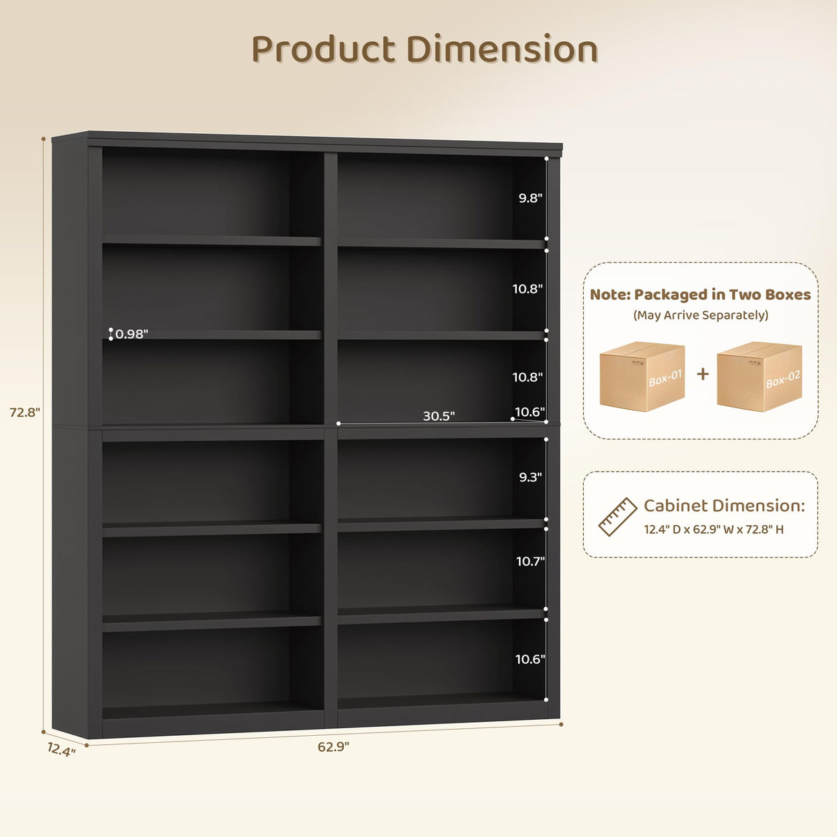 73" Tall Black 6-Tier Double Wide Bookshelf H5266