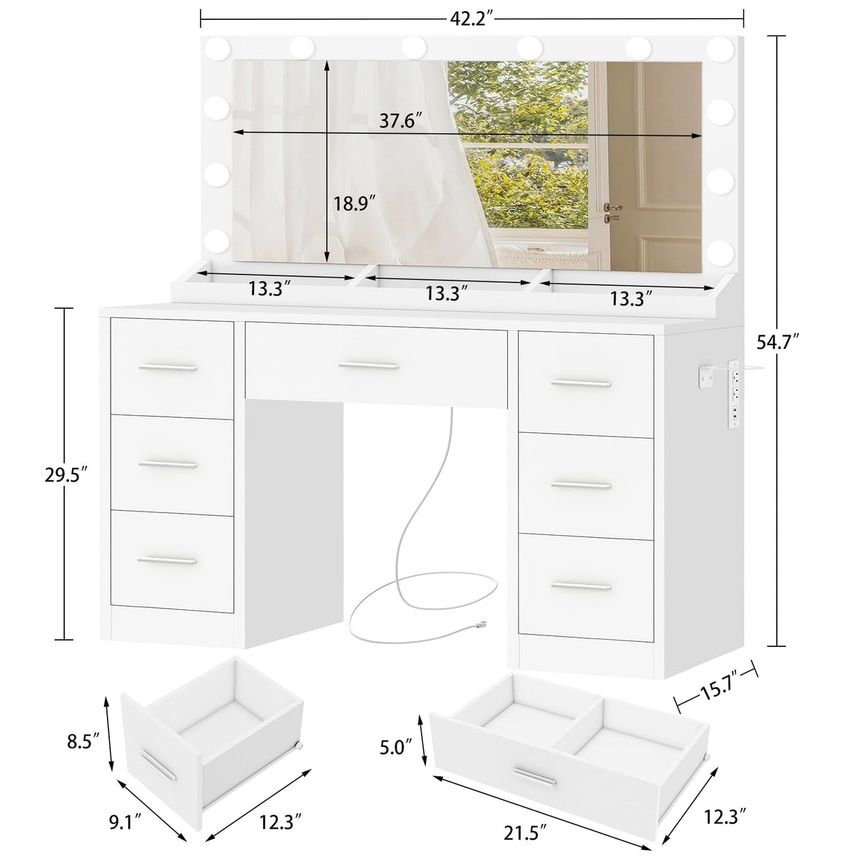 White Vanity Desk with 12 LED Lights and 7 Drawers F516567