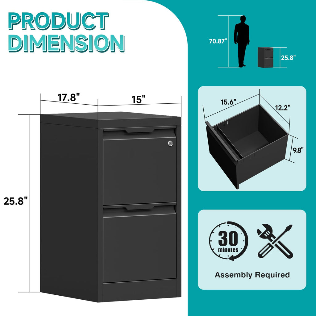 2 Drawer Black Metal File Cabinet with Lock F99935