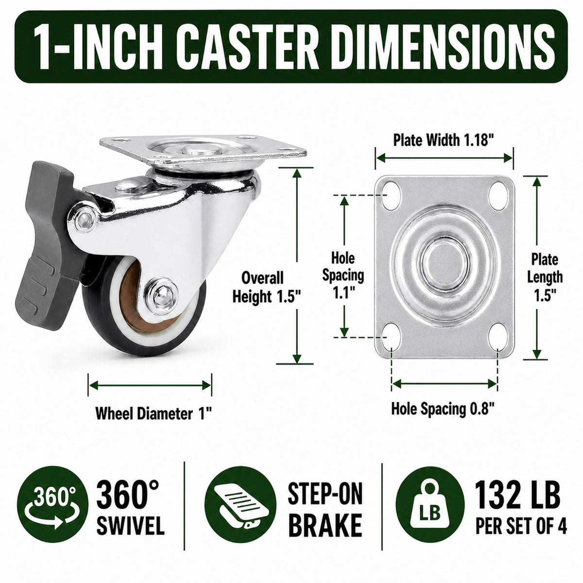 1 Inch Caster Wheels Set of 4 O5854