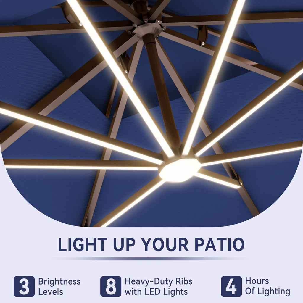 10x13FT Cantilever Patio Umbrella with LED Lights and Base D5329