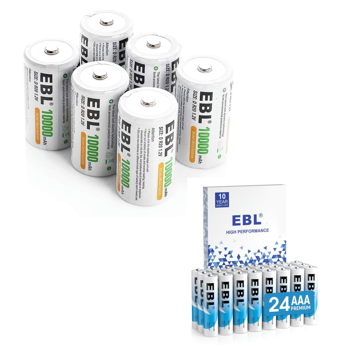 D Size Rechargeable Batteries 6 Pack, AAA Batteries 24 Pack Q926245