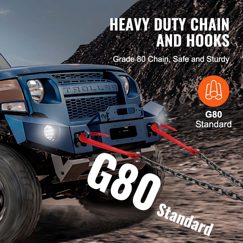 3/8" x 3' G80 V Bridle Towing Chain with J Hooks and Grab Hooks E993