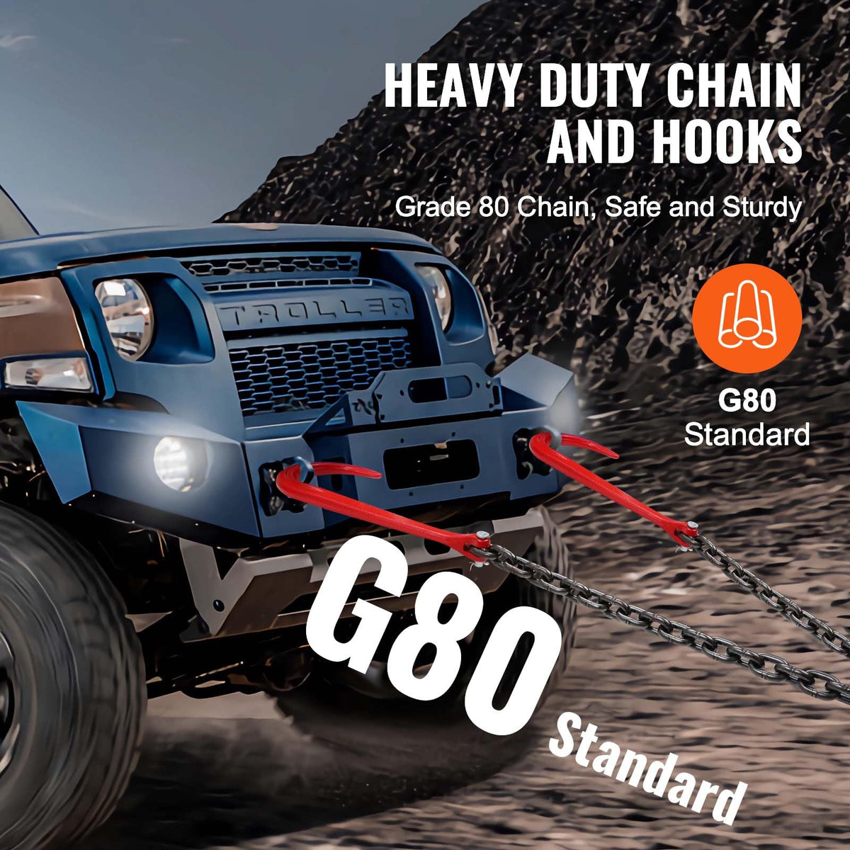 3/8" x 3' G80 V Bridle Towing Chain with J Hooks and Grab Hooks E993