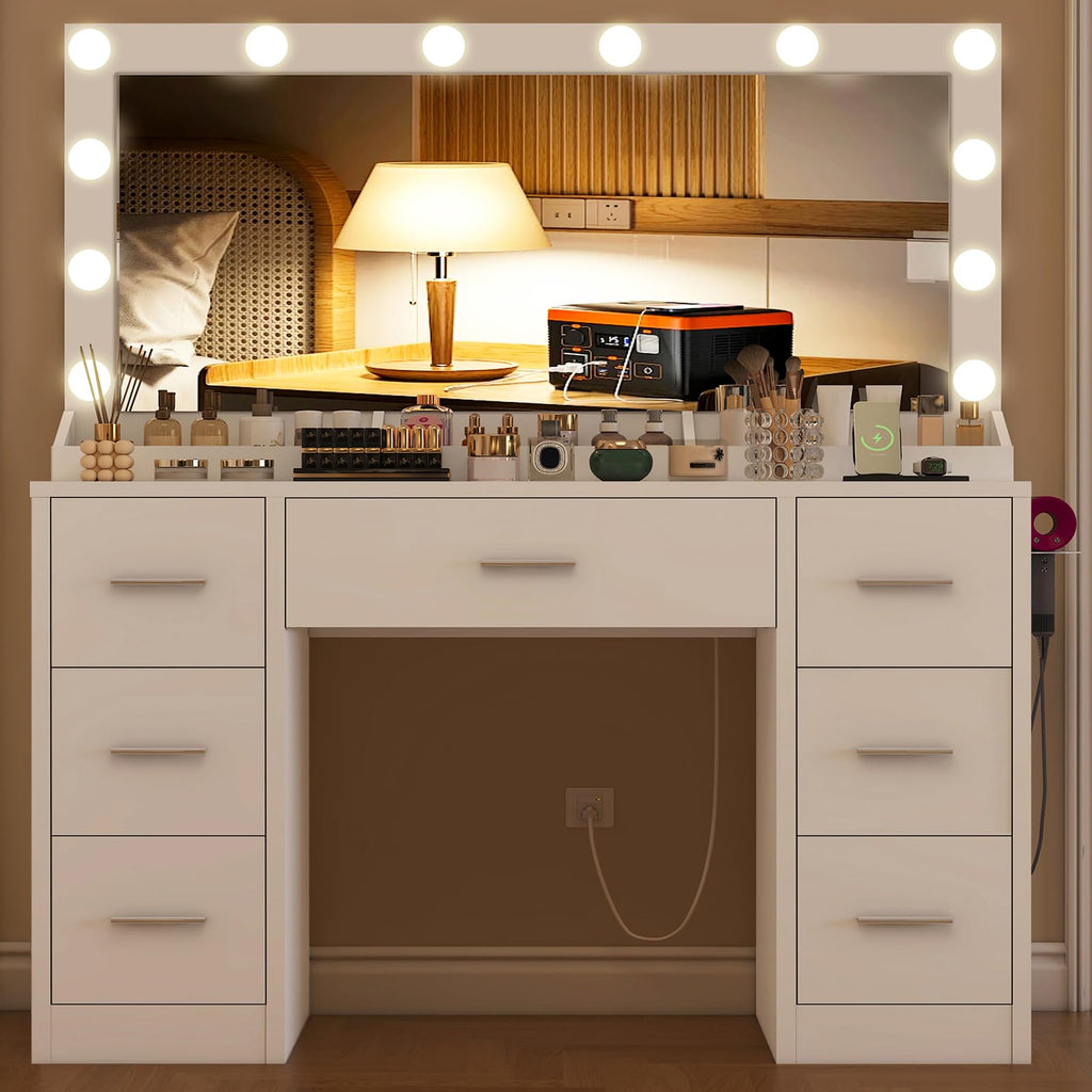 White Vanity Desk with 12 LED Lights and 7 Drawers F516567