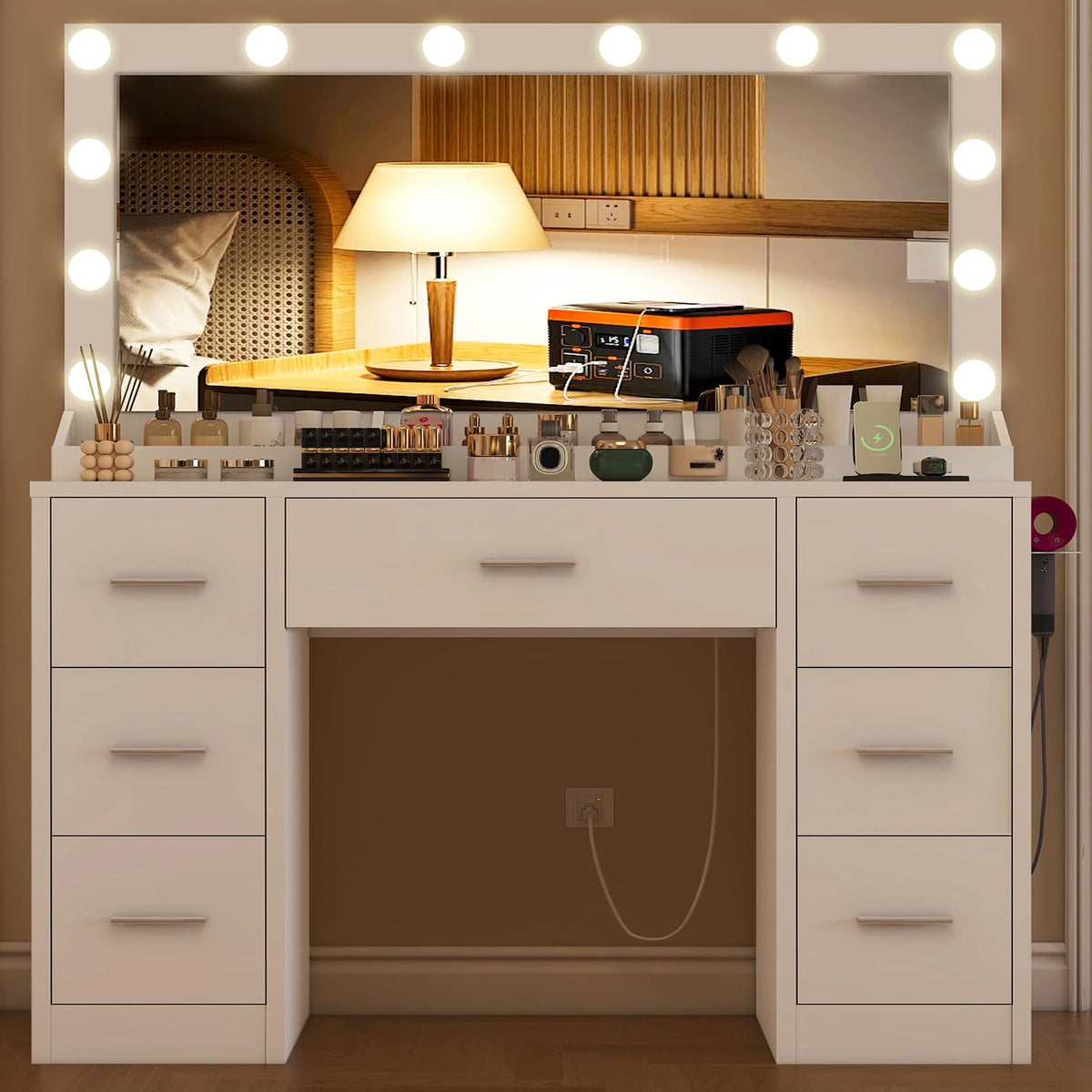 White Vanity Desk with 12 LED Lights and 7 Drawers F516567