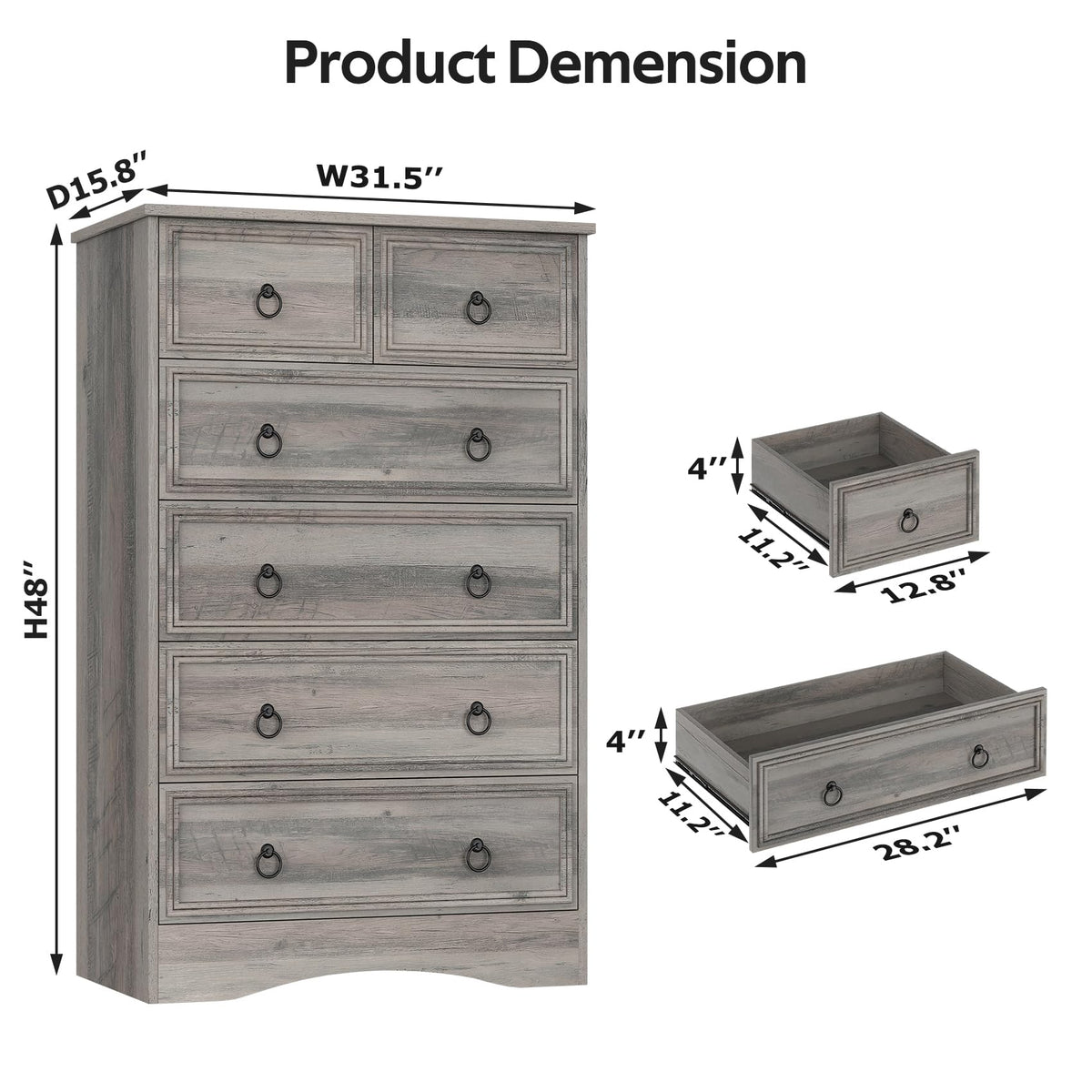 48'' Tall Grey 6 Drawer Dresser D324