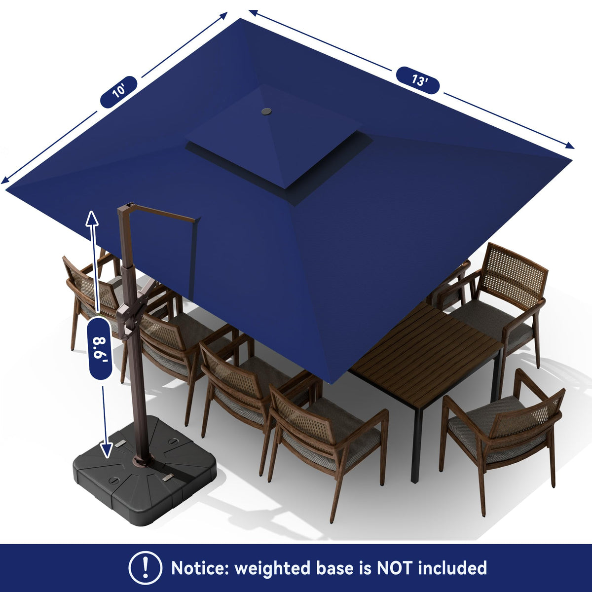 10x13FT Cantilever Patio Umbrella with LED Lights and Base D5329