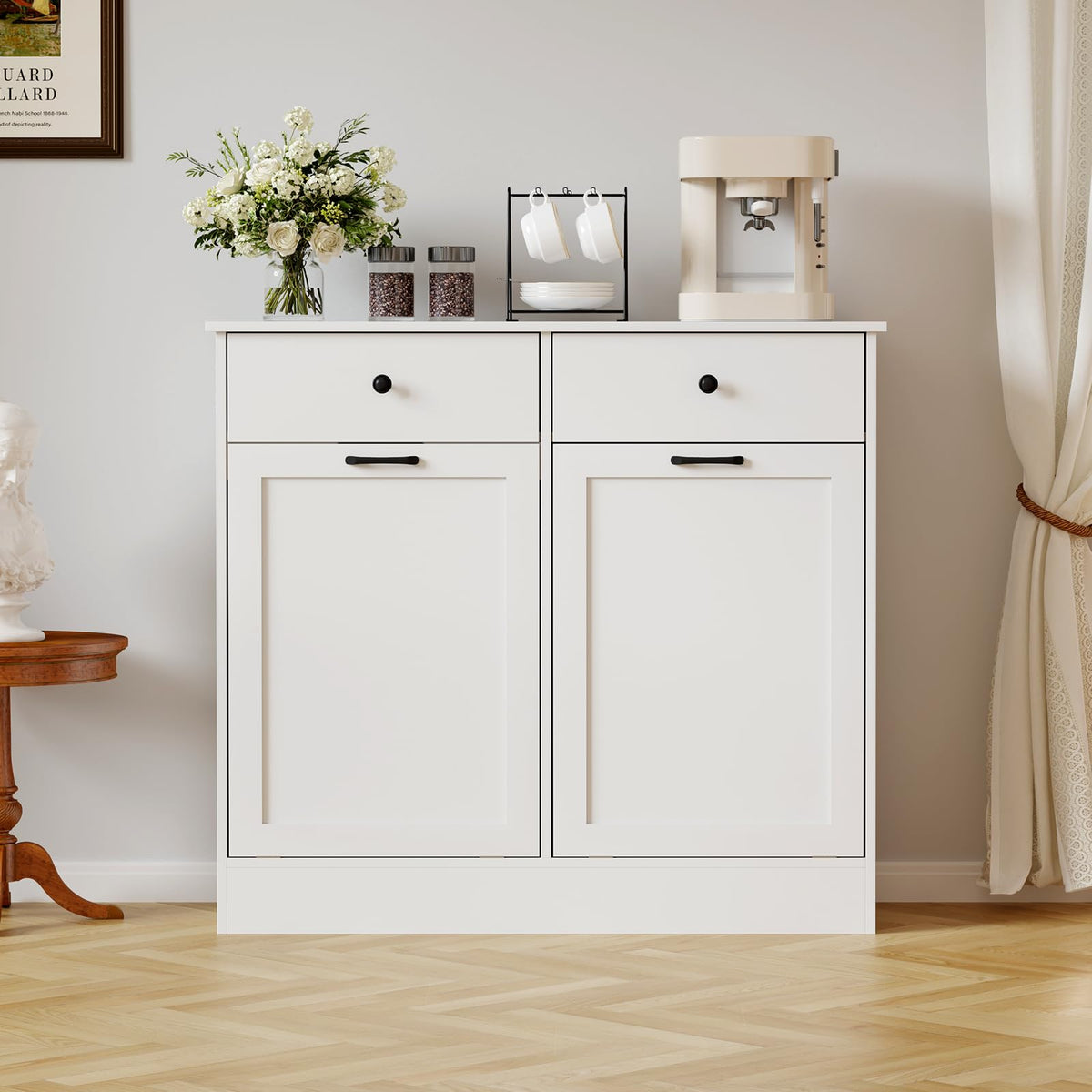 White 2 x 10 Gallon Wooden Tilt Out Trash Can Cabinet Q737999