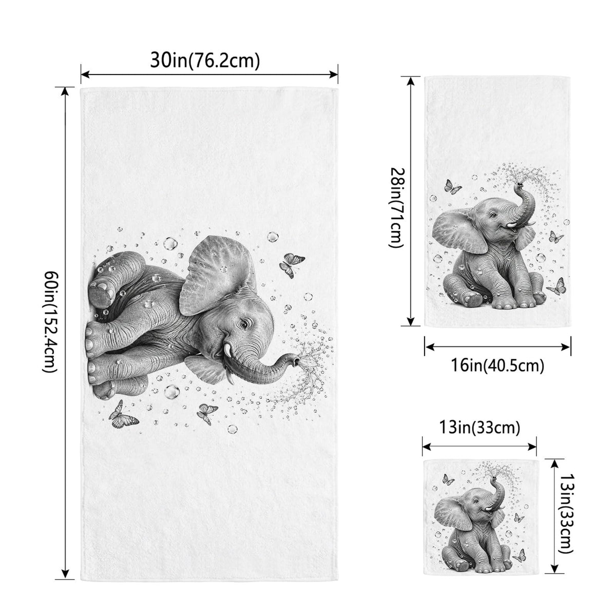 Gray Elephant Butterfly 3 Pack Cotton Bath Towel Set Z58123