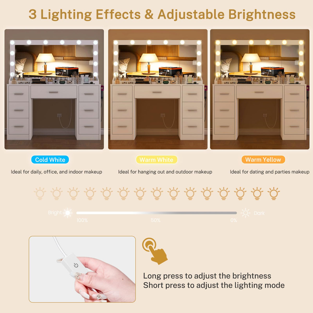 White Vanity Desk with 12 LED Lights and 7 Drawers F516567