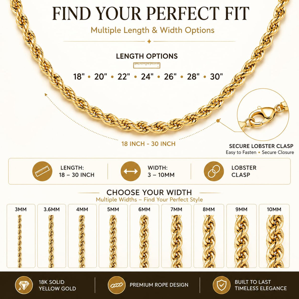 18K Solid Yellow Gold Rope Chain Necklace B261647