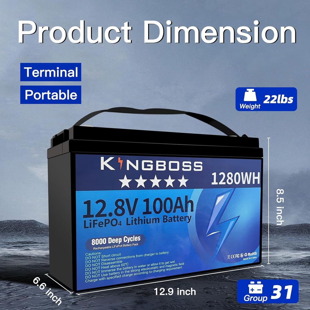 12V 100Ah LiFePO4 Lithium Battery with 100A Smart BMS W311134