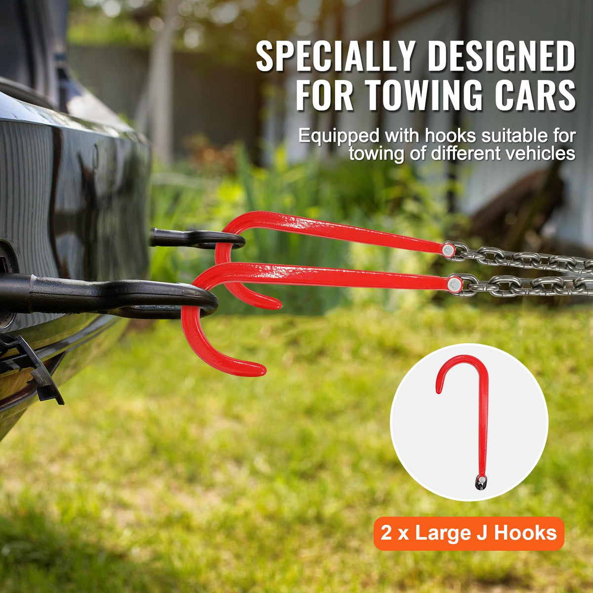 3/8" x 3' G80 V Bridle Towing Chain with J Hooks and Grab Hooks E993