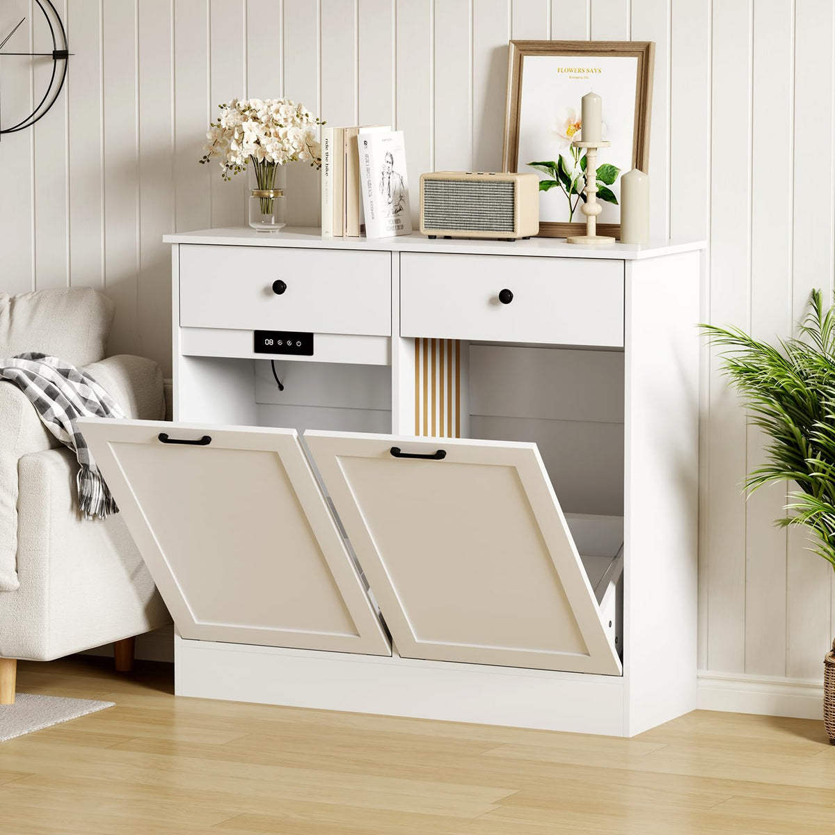 White 2 x 10 Gallon Wooden Tilt Out Trash Can Cabinet Q737999