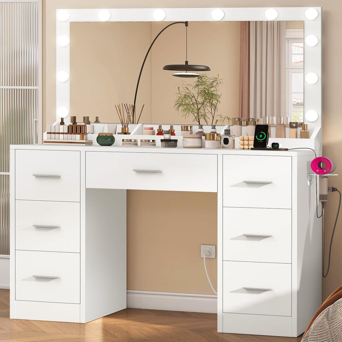 White Vanity Desk with 12 LED Lights and 7 Drawers F516567