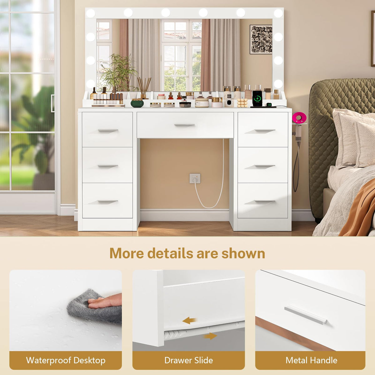 White Vanity Desk with 12 LED Lights and 7 Drawers F516567