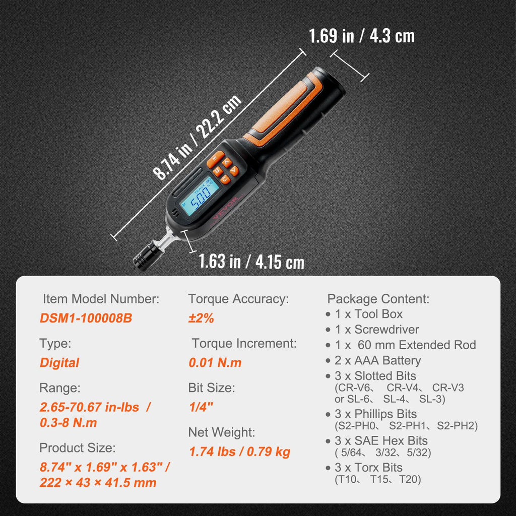 1/4" Drive Digital Torque Screwdriver with LCD, Bits & Case F354