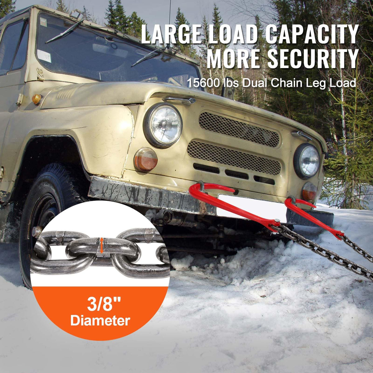 3/8" x 3' G80 V Bridle Towing Chain with J Hooks and Grab Hooks E993