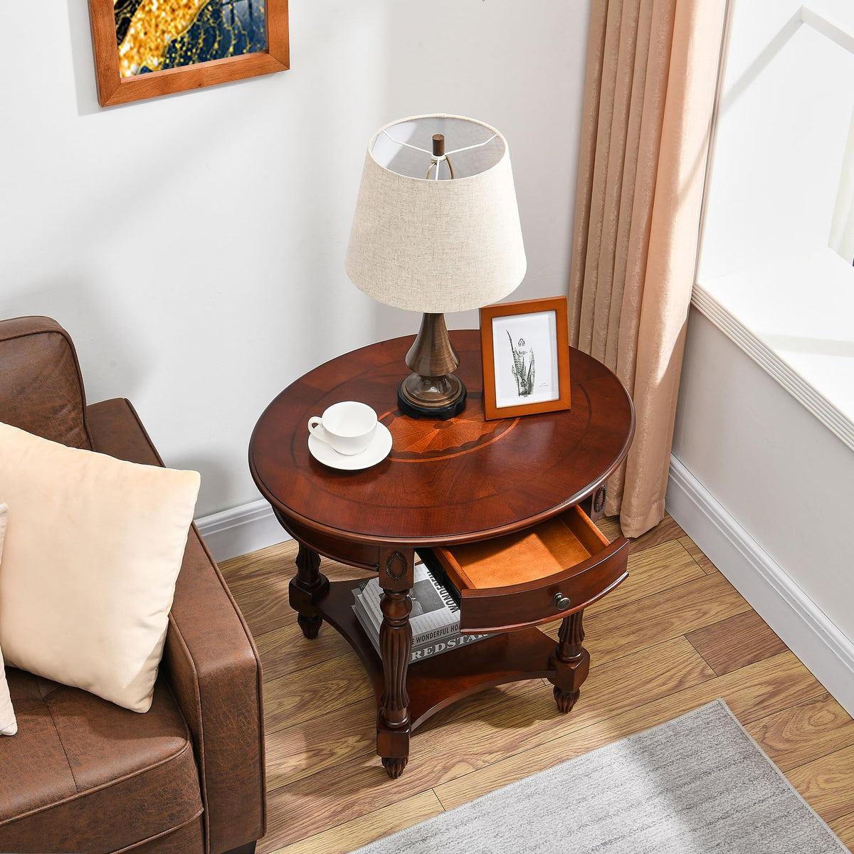 2-Tier Cherry Wood End Table with Drawer I328100