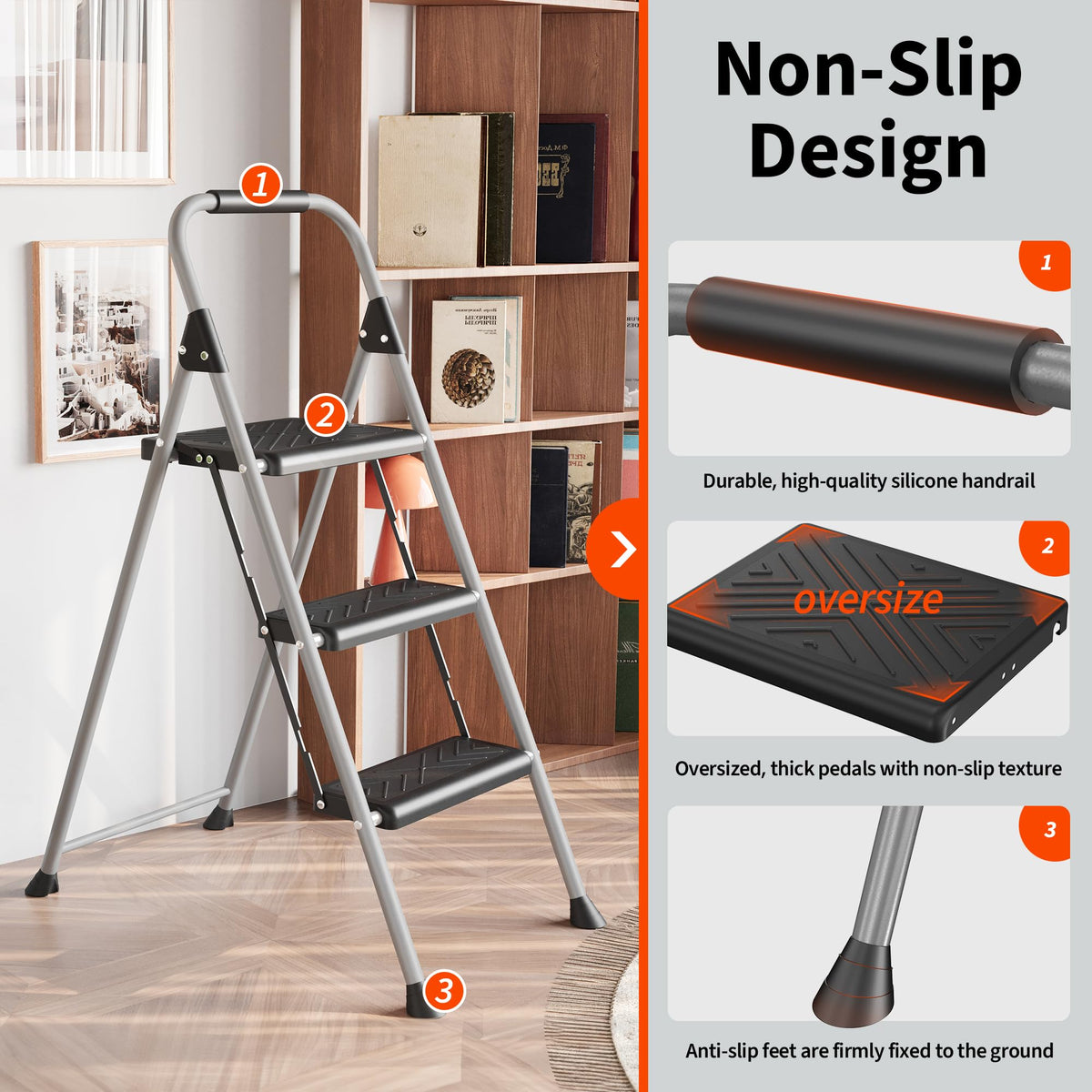 3-Step Folding Step Stool with Anti-Slip Wide Pedal M920