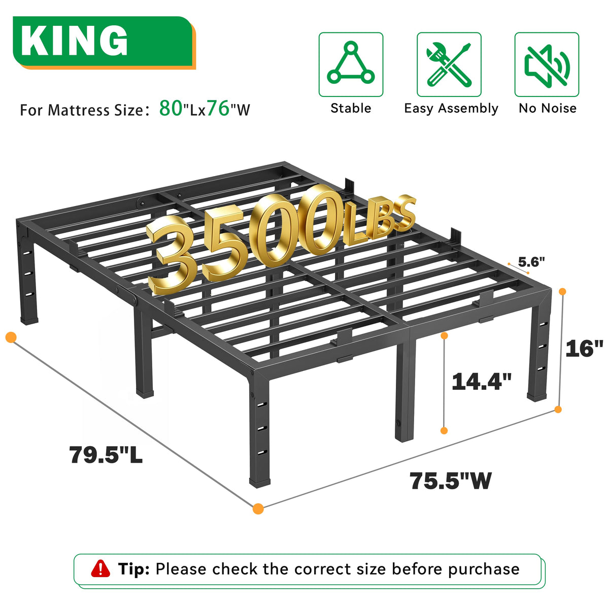 16 Inch King Size Black Metal Platform Bed Frame Z6329