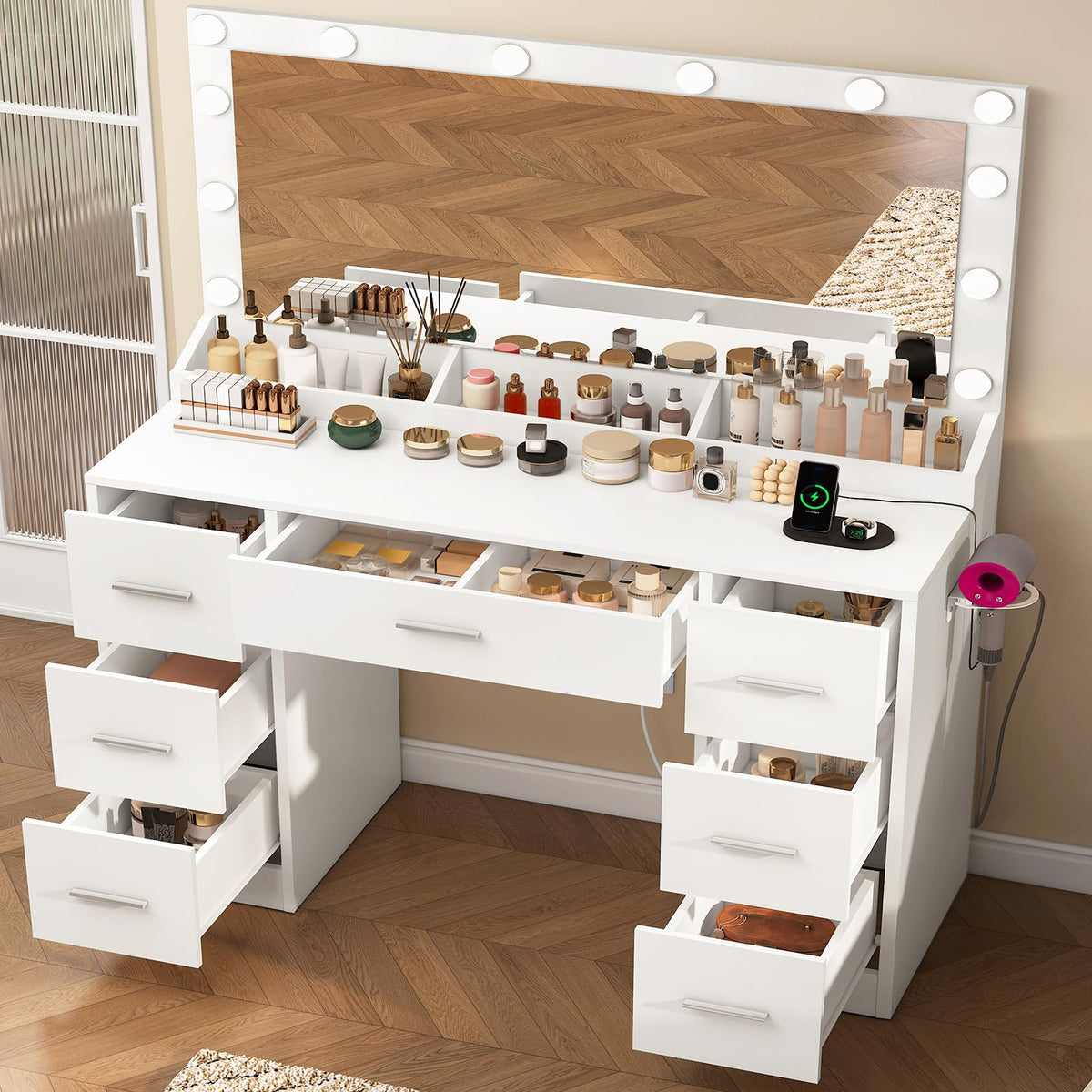 White Vanity Desk with 12 LED Lights and 7 Drawers F516567
