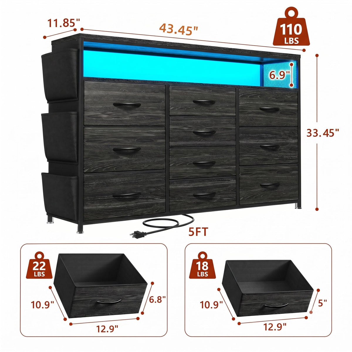 10 Drawer Dresser with LED Lights & Power Outlets N4929