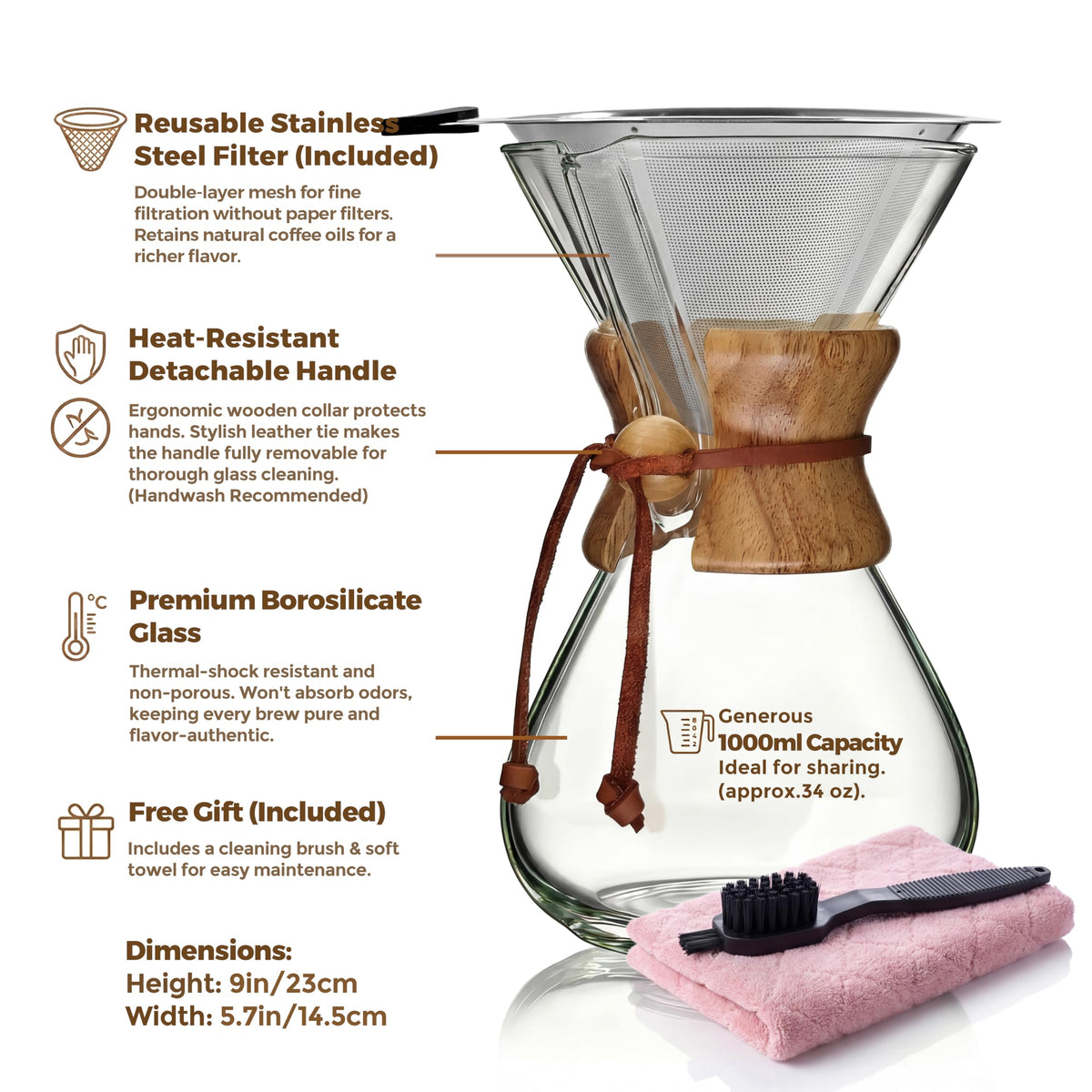 Pour Over Coffee Maker Set 34oz Stainless Filter C150