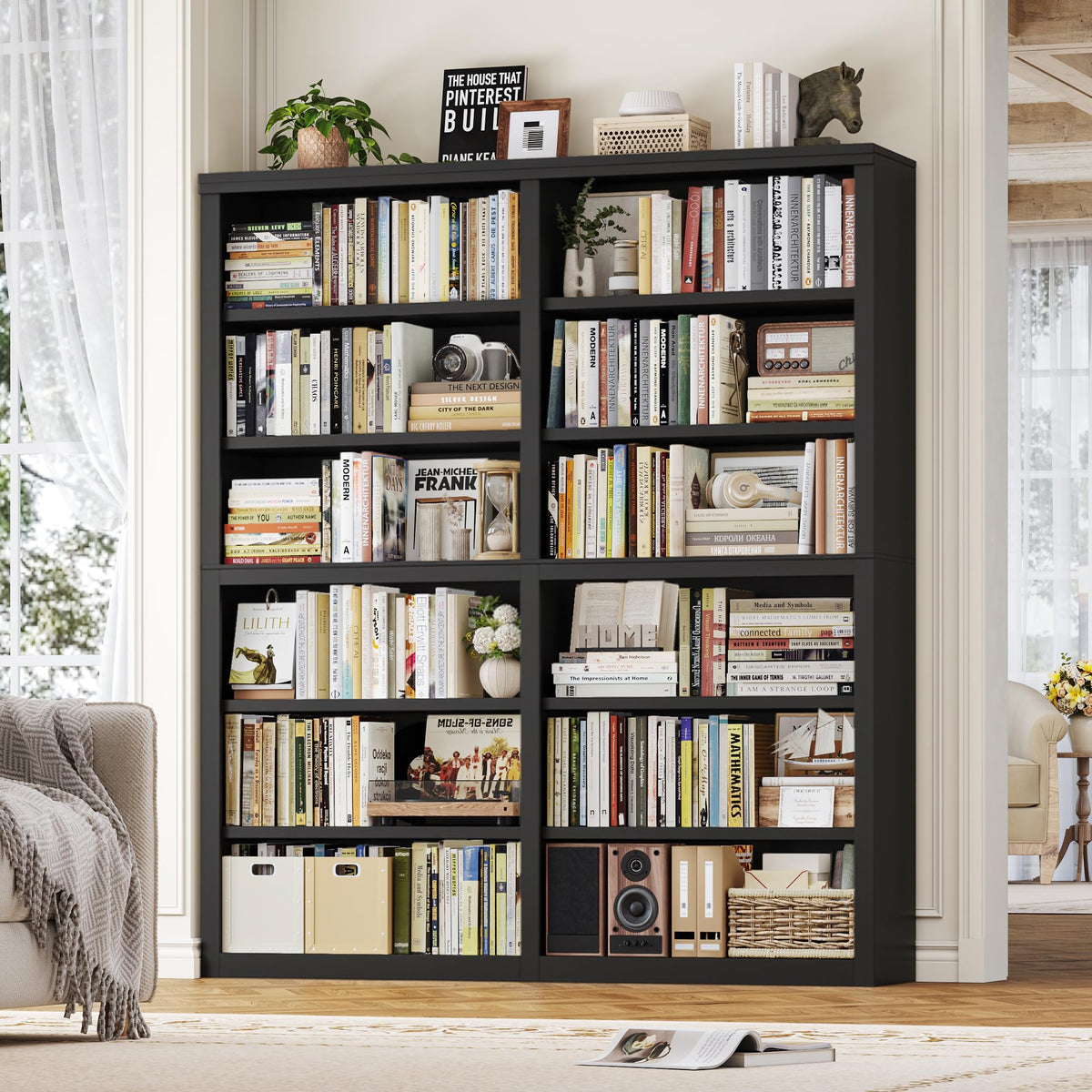 73" Tall Black 6-Tier Double Wide Bookshelf H5266