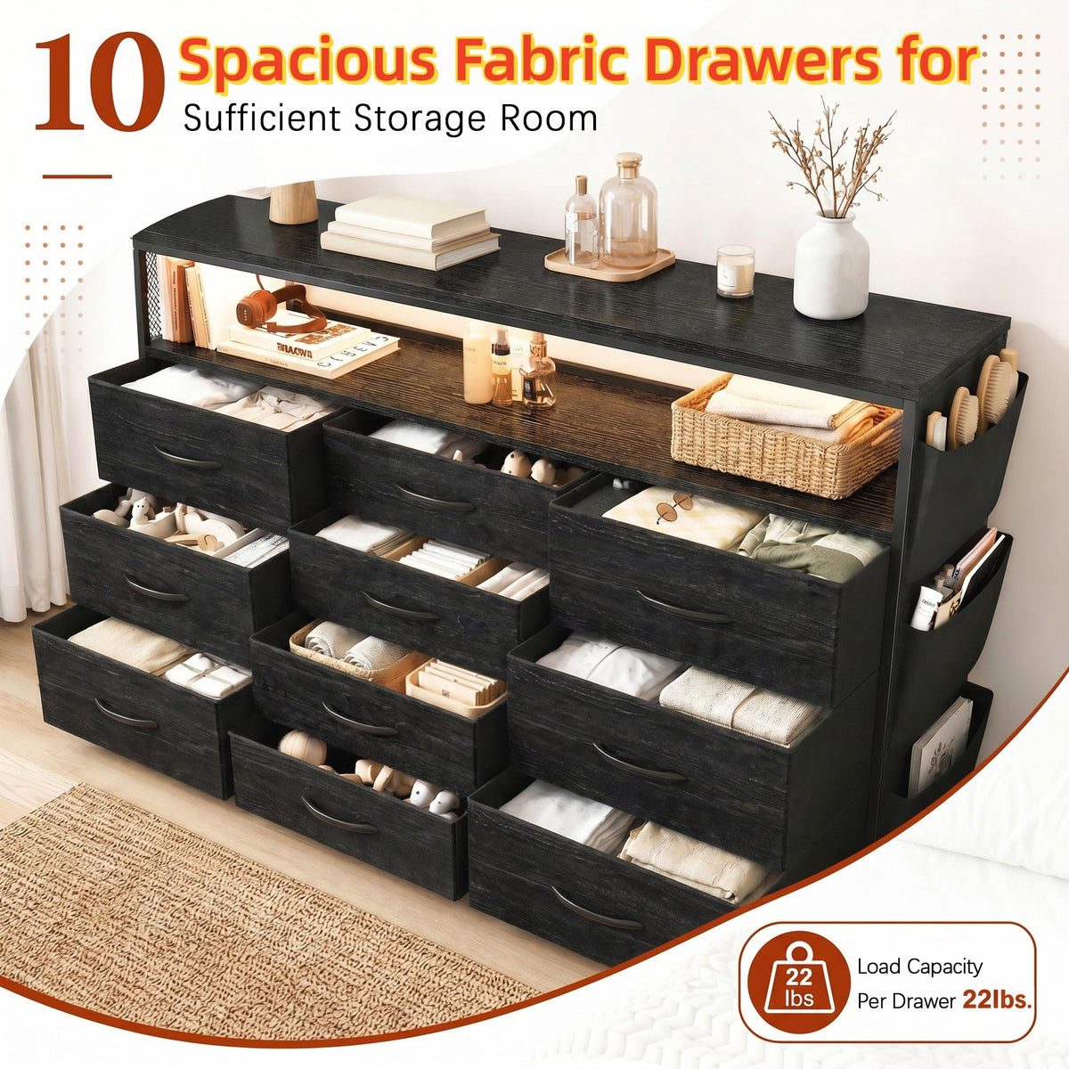 10 Drawer Dresser with LED Lights & Power Outlets N4929