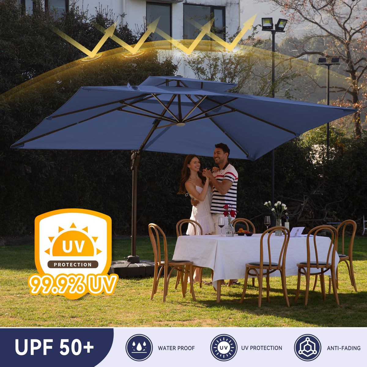 10x13FT Cantilever Patio Umbrella with LED Lights and Base D5329