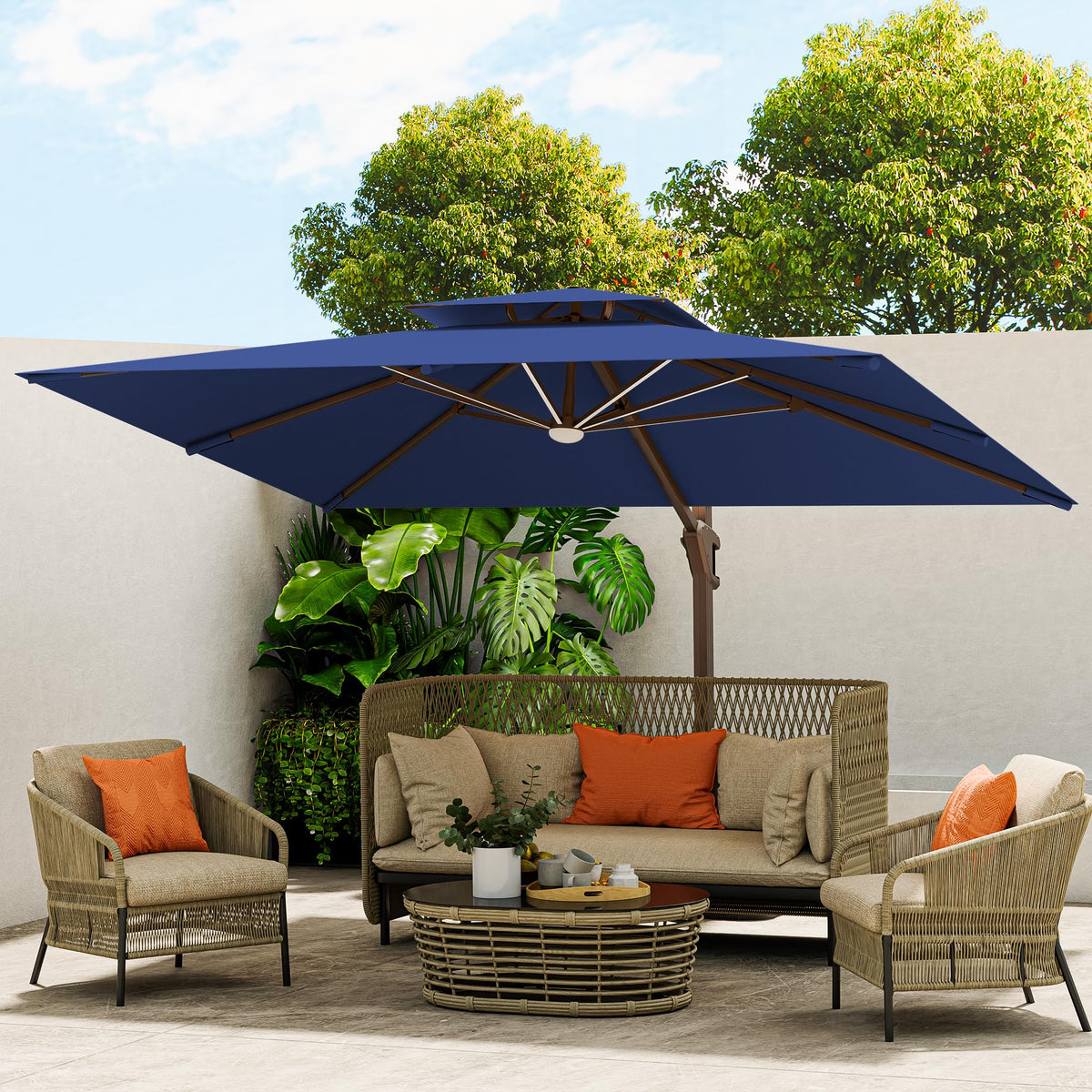 10x13FT Cantilever Patio Umbrella with LED Lights and Base D5329
